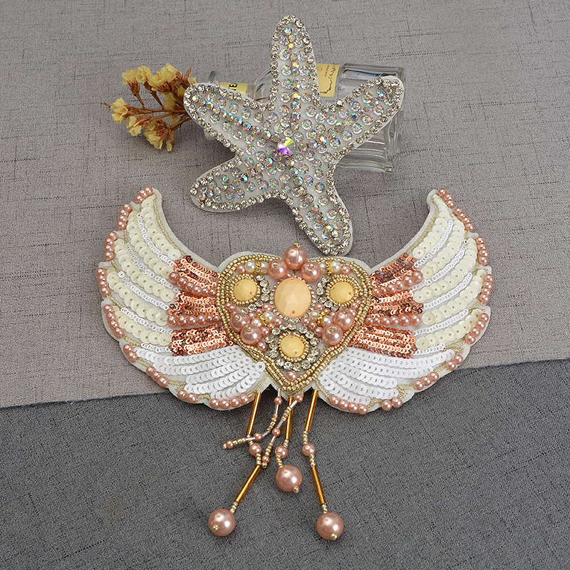 现货 大号手工钉珠刺绣时尚海星翅膀珍珠流苏布服装辅料DIY衣贴