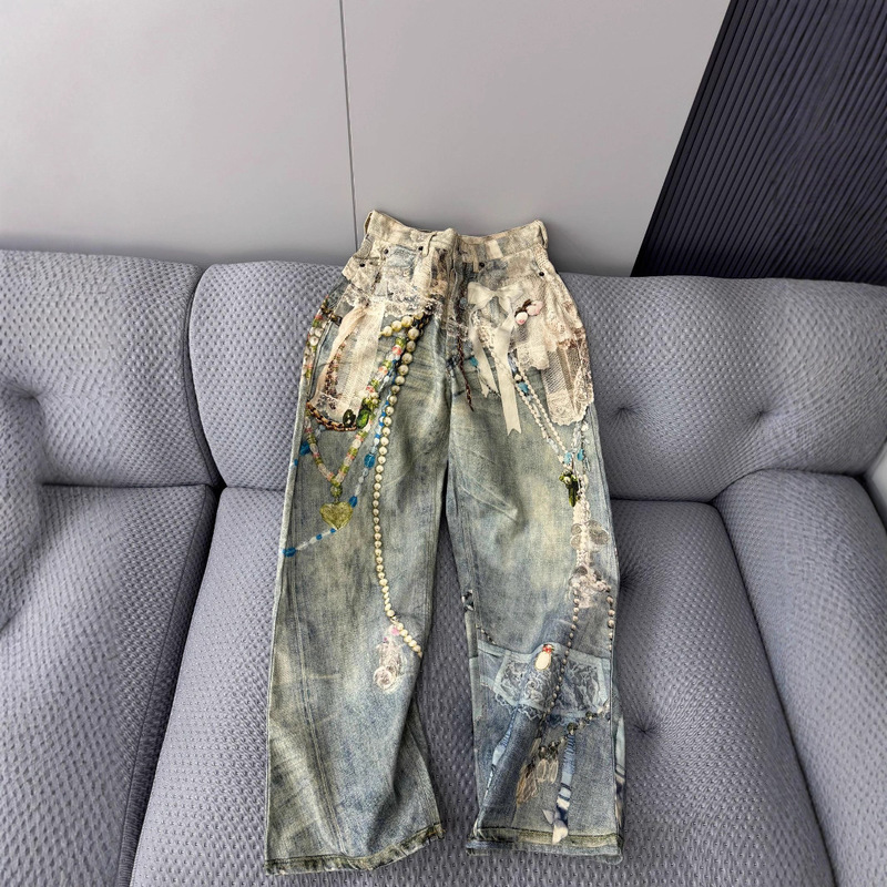25 Early Autumn New Style New Color Scheme 3D Blue Light High-Definition Digital Printing Straight-Leg Loose Jeans Women's Pants