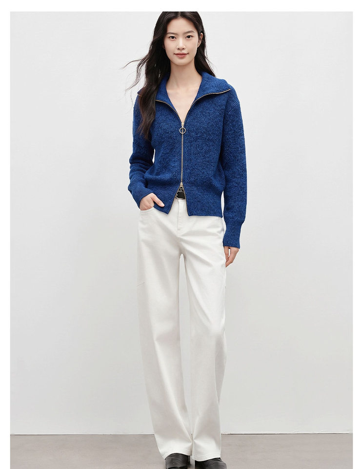 Áo khoác dệt kim nữ màu xanh da trời, dáng cardigan khóa kéo, chất liệu len cừu mềm mại, tay dài — Màu xanh da trời chi tiết 10