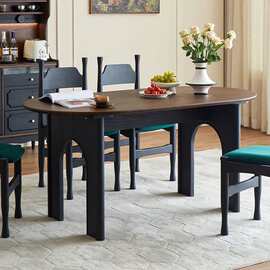 法式复古全实木餐桌美式饭桌中古风家用简约小户型椭圆形橡木桌子