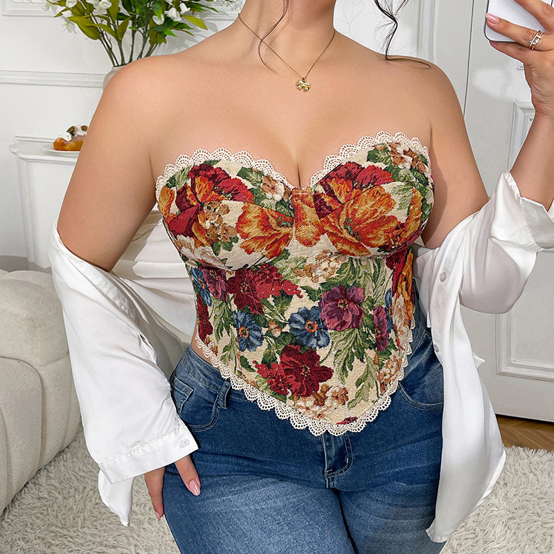 Sutiã plus size retrô francês espinha de peixe, top tomara que caia floral com estampa cruzada, estilo regata, para mulheres._voghion.com