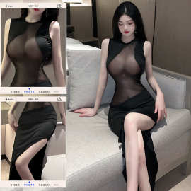 情趣内衣女性感透视网纱拼接开衩露腿连衣裙修身显瘦1228
