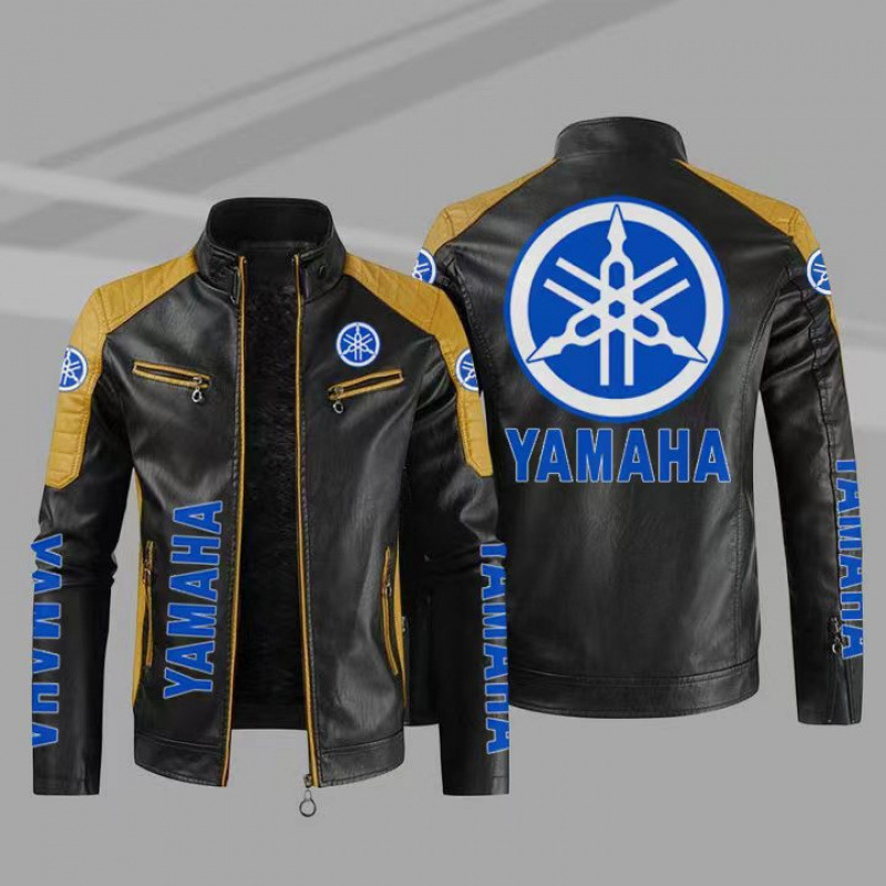【European Size with Fleece Lining】Suzukducadiyama Car Logo Leather Jacket Large Size Printed Autumn and Winter Pu Jacket