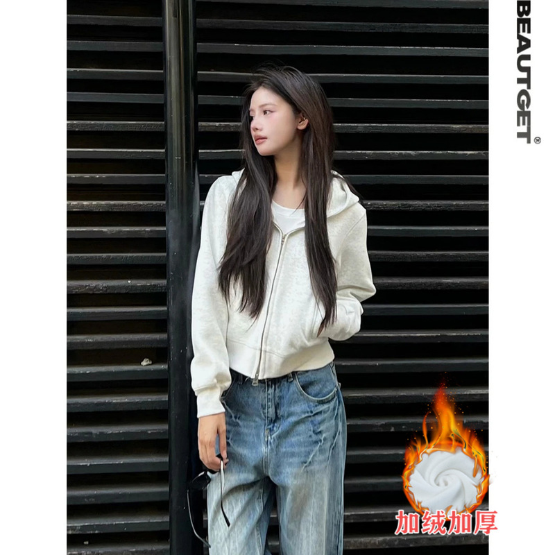 山东即墨嫚彩迪品牌美式街头短款双头拉链开衫连帽卫衣女潮流帽衫|undefined