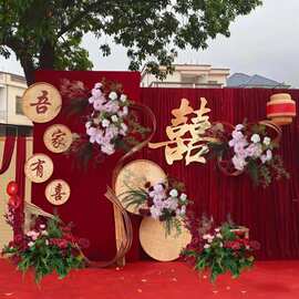 古风汉服婚纱拍摄道具新中式竹编镂空喜字簸箕婚庆红色装饰竹编