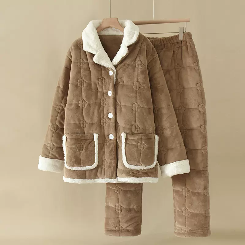 三层夹棉棕色加厚睡衣女秋冬季套装可爱珊瑚绒外穿家居服一件代发