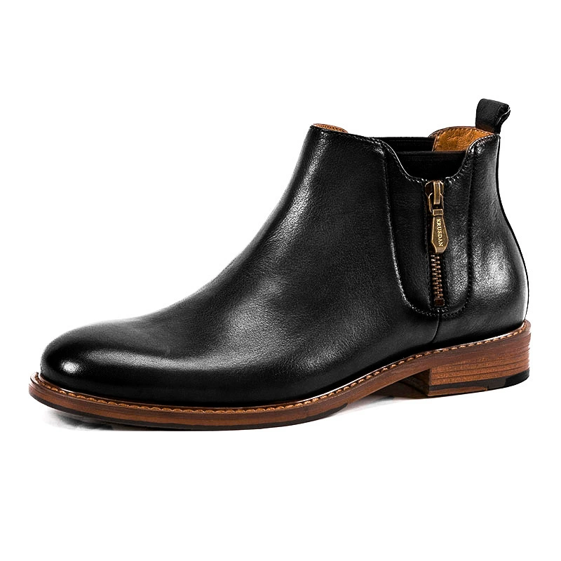 Demi-season leather chelsea, low boots with zipper, genuine leather