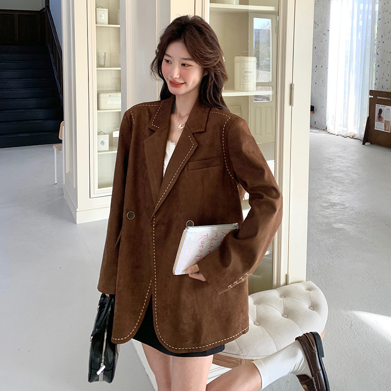 气质西装外套女2025春秋季新款休闲西服感棕色麂皮绒美拉德小个子|undefined
