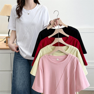 Plus Size Women's Cotton t Short-Sleeved Pleated Top 2025 Summer Fat Girl Simple Cotton Shirt Round Neck Fat Girl Casual Top 501
