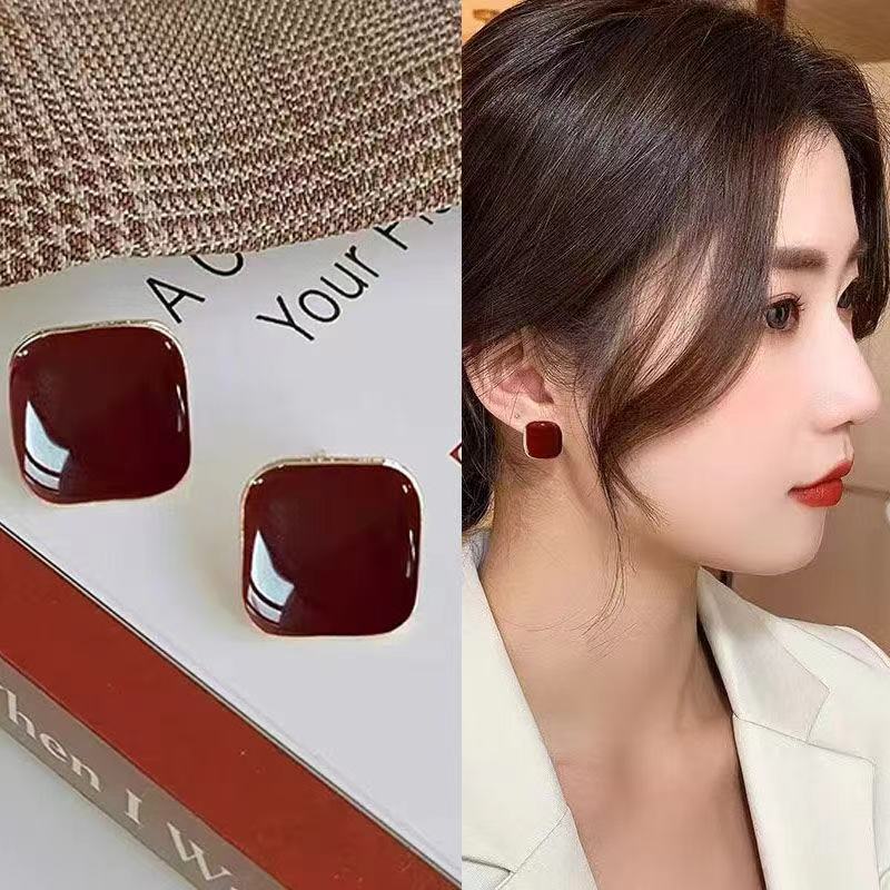 retro burgundy square elegant fashionable universal earrings