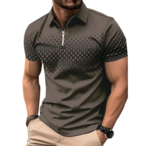 Summer new men's short-sleeved polo shirt 3D digital checkered print zipper polo