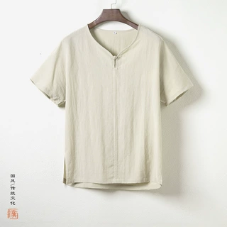 2026新款汉服男装中式天丝亚麻盘扣V领短袖T恤夏薄款休闲茶服上衣