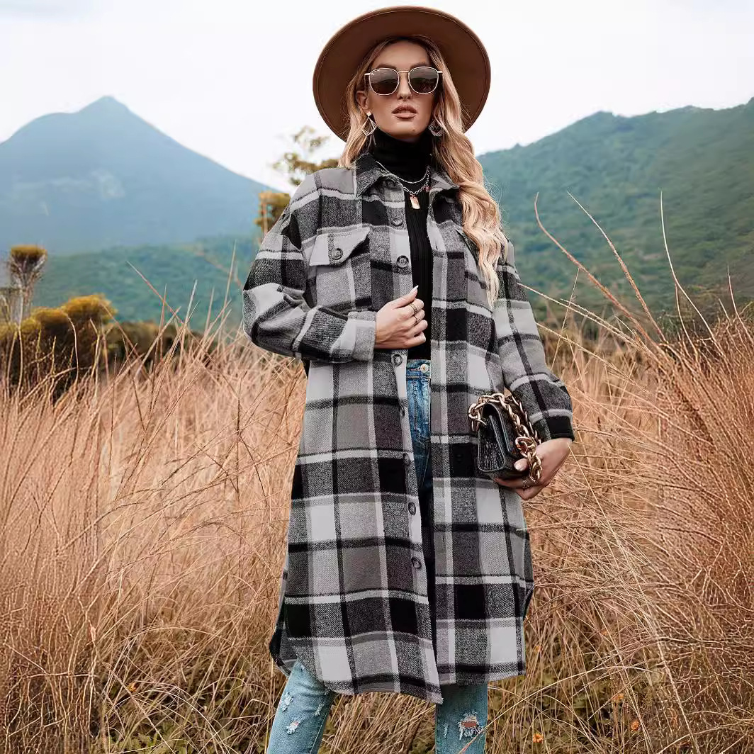2022 Autumn and Winter European and American Style Windbreaker Jacket Side Slit Lapel Loose Woolen Plaid Jacket Real Shot Ready Stock
