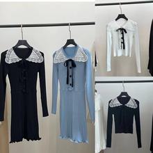 尾单 重工SP银葱花边领女式针织毛衣长袖连衣裙