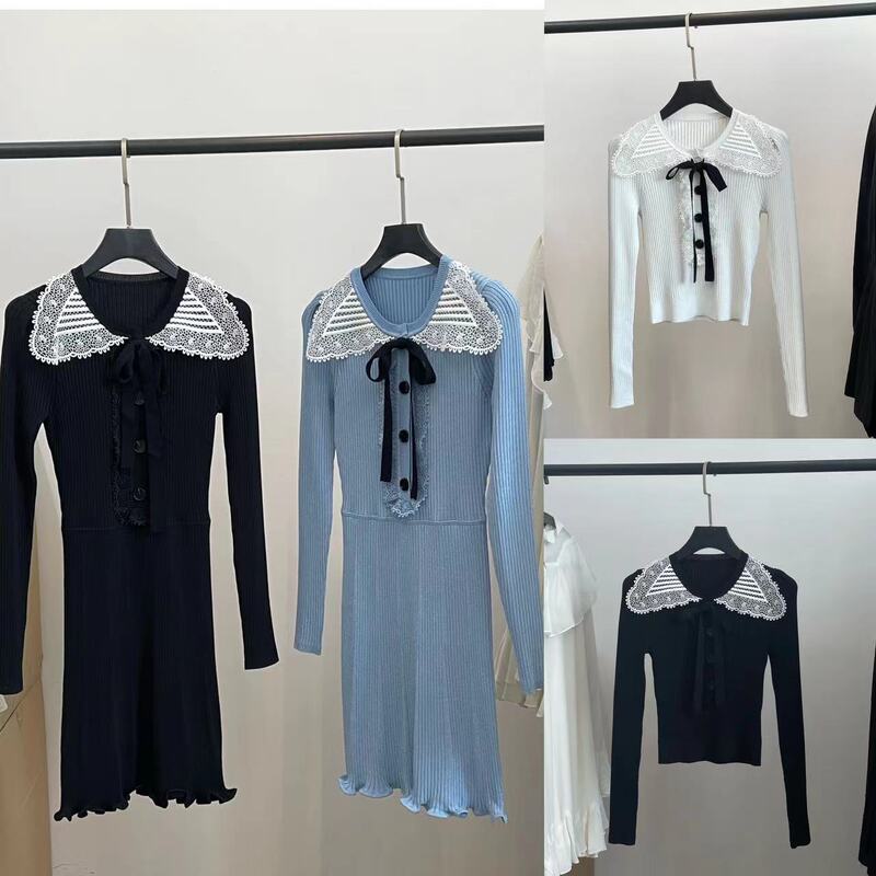 Final Order Heavy-Duty Sp Silver Lace Collar Women's Knitted Sweater Long-Sleeve Dress