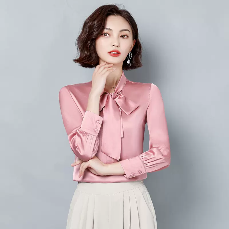 职业百搭上衣2025年新款短款纯色春秋大码长袖桑蚕丝女士衬衫