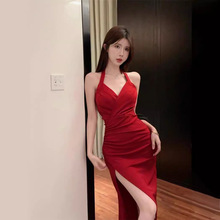 Dresses 跨境欧美挂脖V领性感开叉修身中长款包臀吊带连衣裙