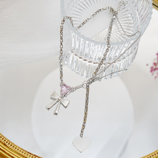 Pink crystal love bow chain necklace personalized trend 2024 summer new pendant stacked clavicle chain women