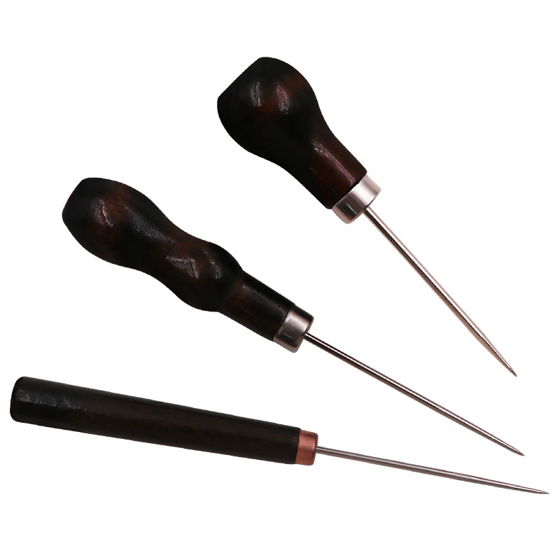 Cylinder-shaped solid steel pointed needle hand-punched awl straight sewing wood handle awl shoe repair tool