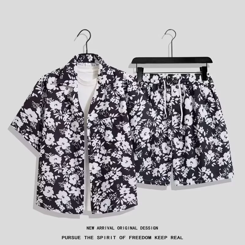 Мужской костюм из рубашки и шорт с тайским цветочным принтом, гавайская пляжная рубашка с коротким рукавом, парная одежда, новинка лета 2025 года, летняя куртка