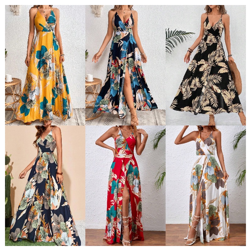 Real Shot of In-Stock 2026 Foreign Trade Cross-Border Hot-Selling European and American Tropical Print Thigh-Slit Spaghetti Strap Long Dress