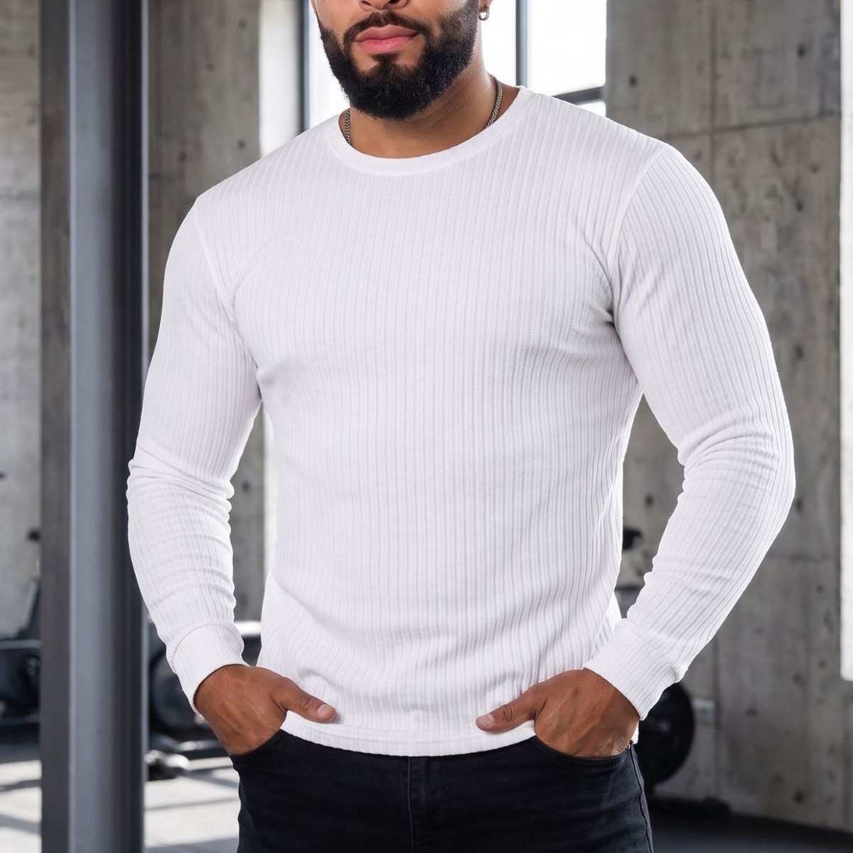 Cross-border foreign trade spring and autumn men's long-sleeve sports fitness casual vertical stripe elastic breathable round-neck T-shirt in solid color