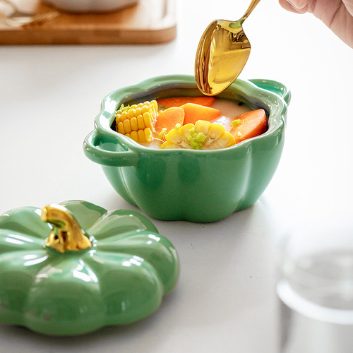Wei porcelain creative cute pumpkin soup cup with lid baking bowl ceramic rice bowl baking tableware dessert soup bowl water-proof stew pot