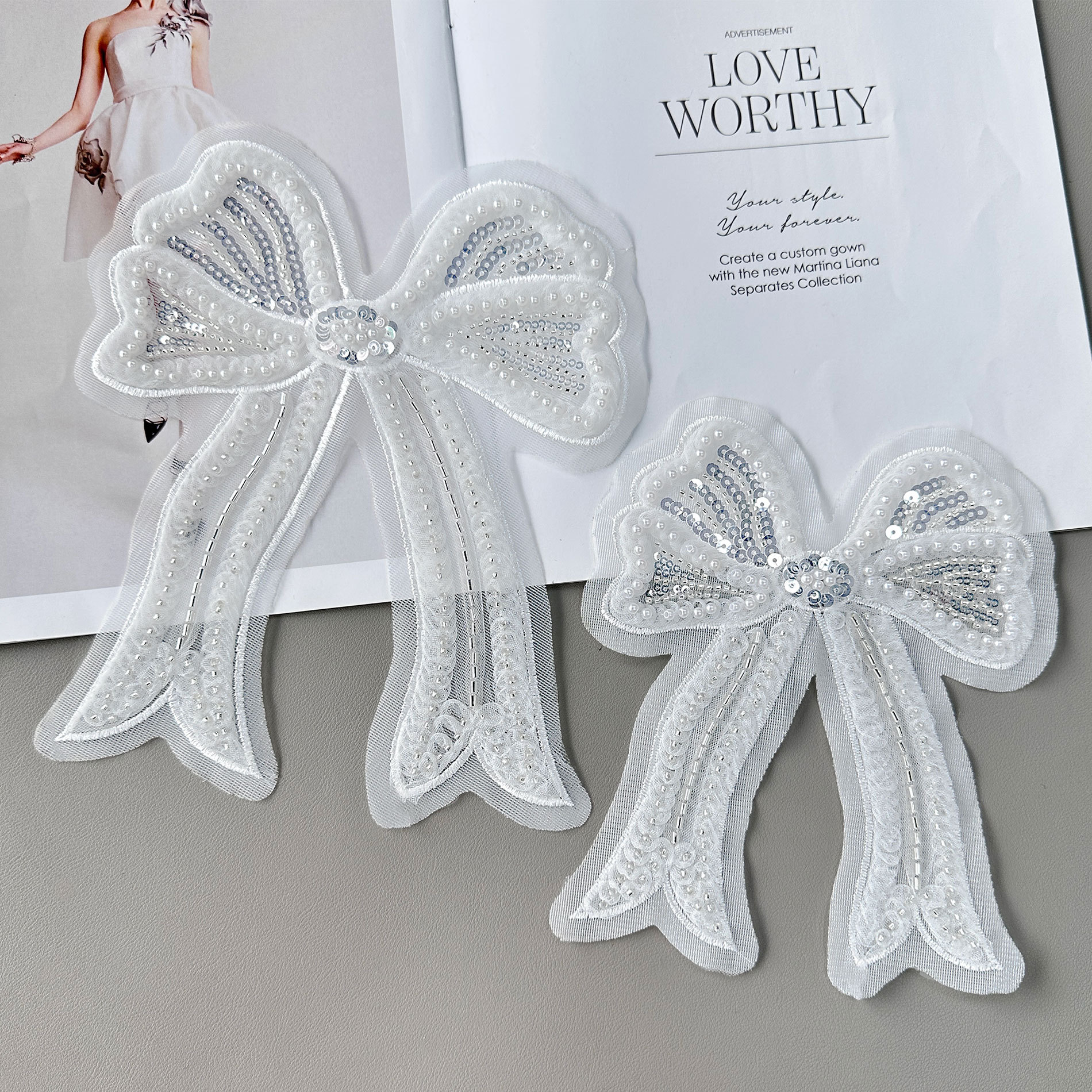 白色欧根纱蕾丝褶皱蝴蝶结钉珠亮片装饰童装洛丽塔服装布贴辅料