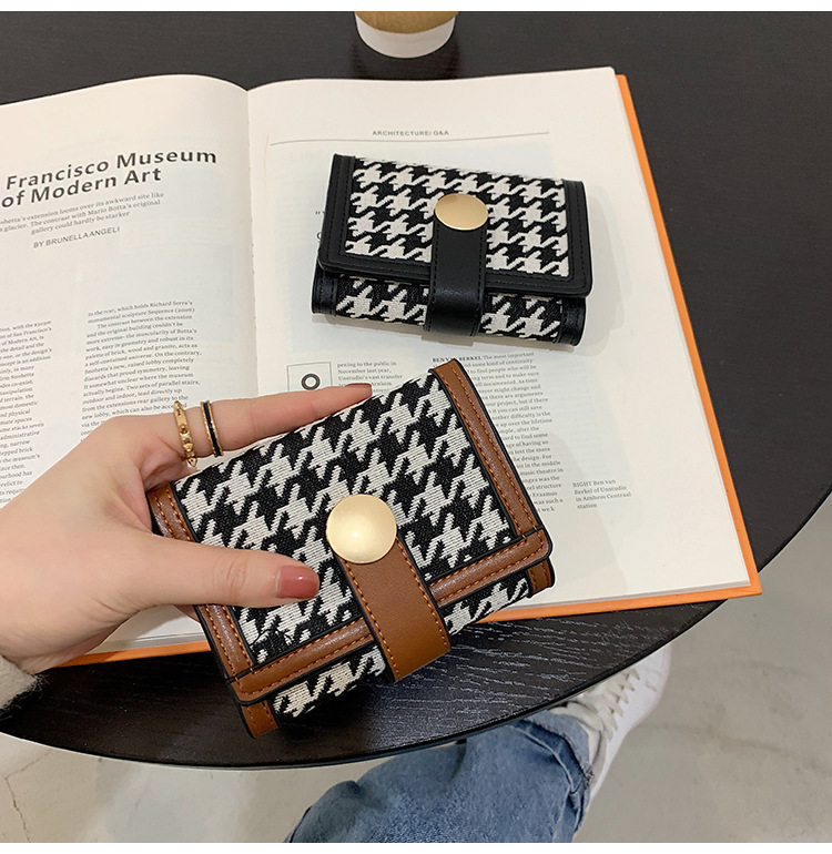 93g Weight Polyester Lining Material Women's Houndstooth Pu Leather Canvas Buckle Wallets