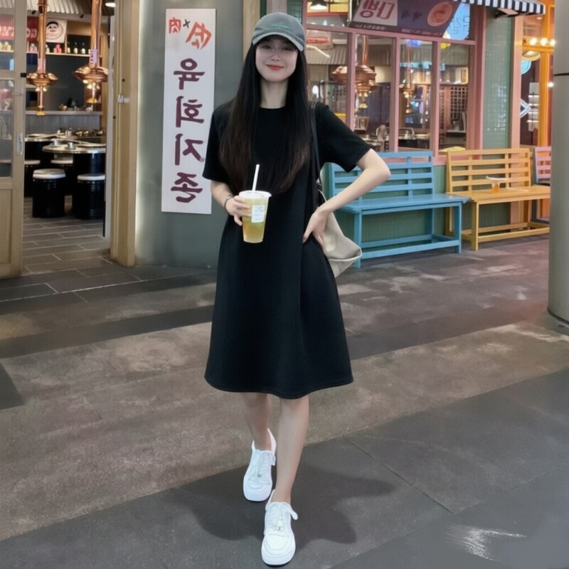 Summer New Mid-length Large Size Skirt Covering Belly for Chubby Girls Casual Short-sleeved T-shirt Women's Age-reducing Straight Dress