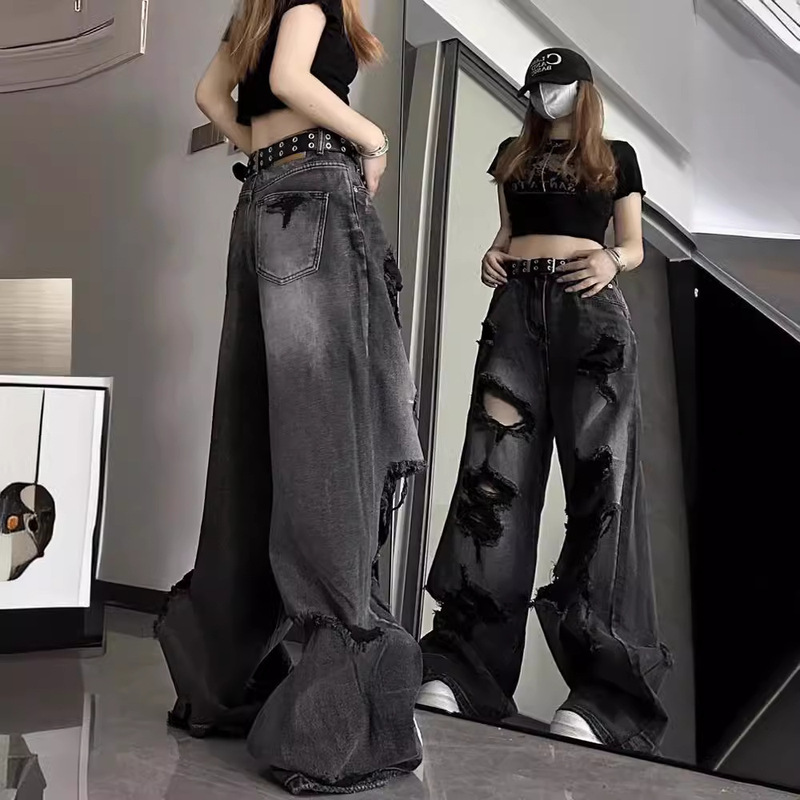 Ripped jeans cool girl wear high street American pear-shaped loose straight all-match wide-leg pants spring and autumn