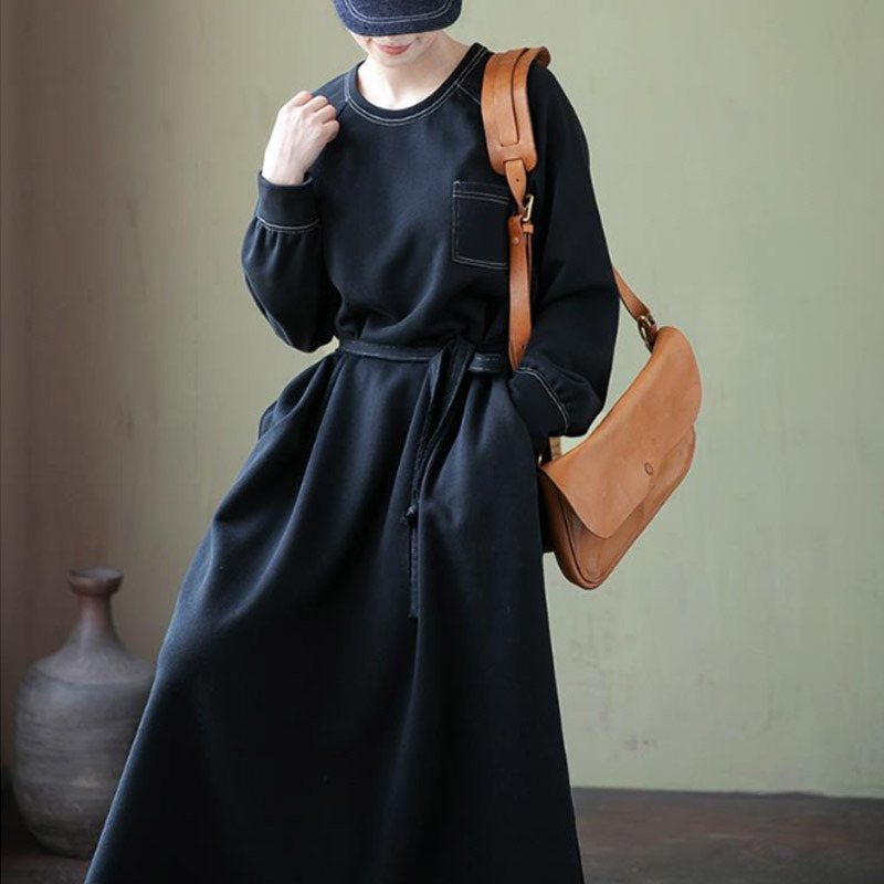 Spring and Autumn Black Fluffy Soft Waxy Terry Round Neck A-Line Loose Knitted Long Dress with Elegant and Long Sleeves