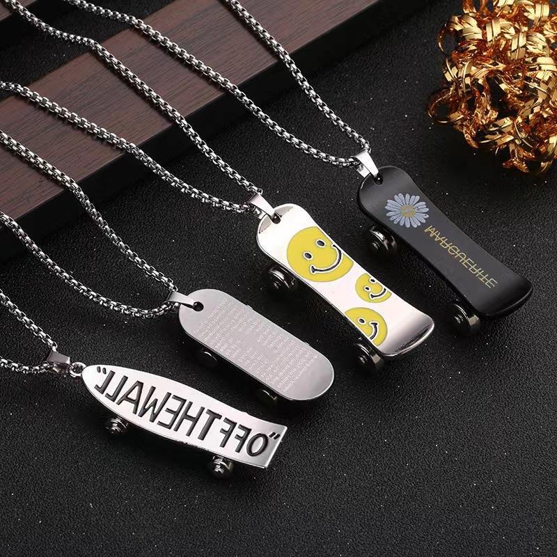 Street cool handsome hip hop style smiley face skateboard pendant necklace non-fading Internet celebrity fashion men's and women's titanium steel necklace pendant Street cool handsome hip hop style smiley face skateboard pendant necklace non-fading Internet celebrity fashion men's and women's titanium steel necklace pendant