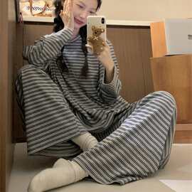 韩系ins条纹简约舒适睡衣套装休闲宽松慵懒女士家居服可外穿