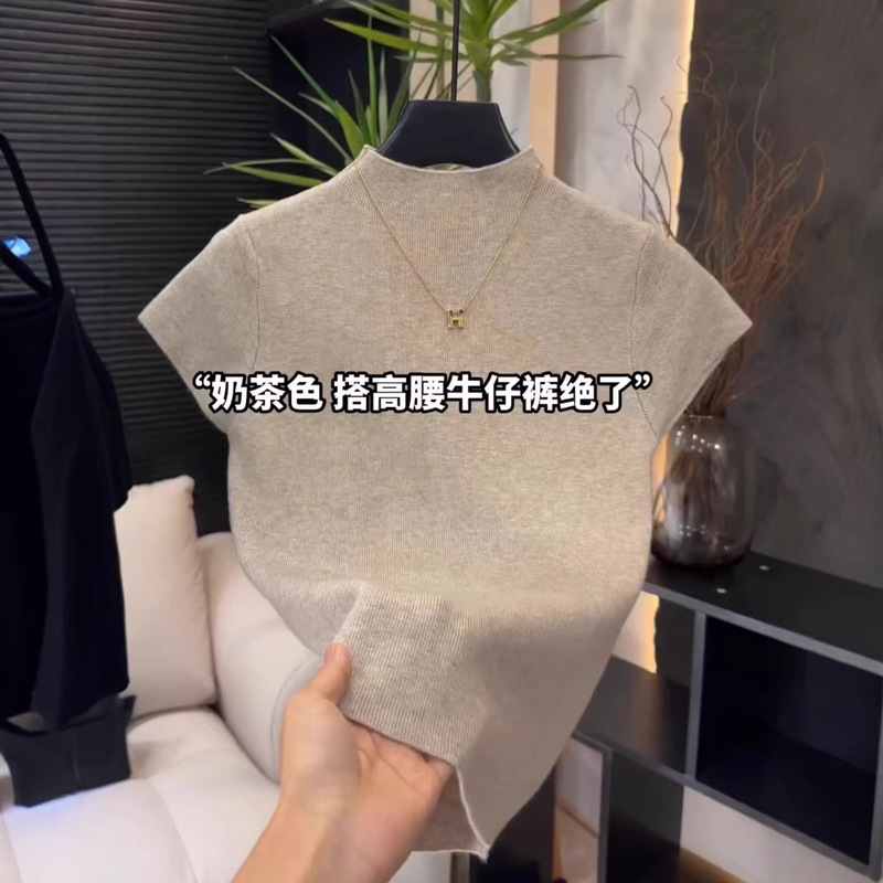 High-End Feel Solid Color Fly-Sleeve Knit Top for Women, Korean Fashion Versatile Half-High Collar Short-Sleeve T-Shirt for Autumn High-End Feel Solid Color Fly-Sleeve Knit Top for Women, Korean Fashion Versatile Half-High Collar Short-Sleeve T-Shirt for Autumn