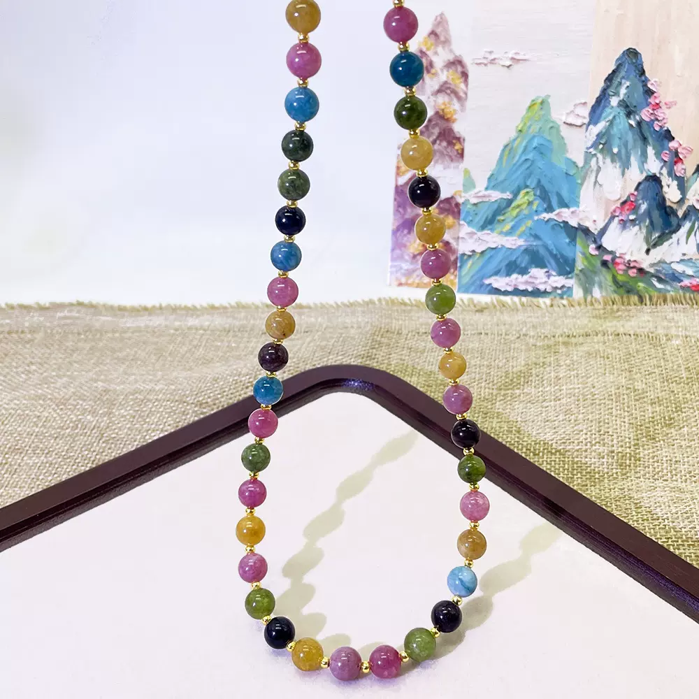 跨境多巴胺彩色天然碧玺串珠项链女新中式小众个性气质锁骨链饰品