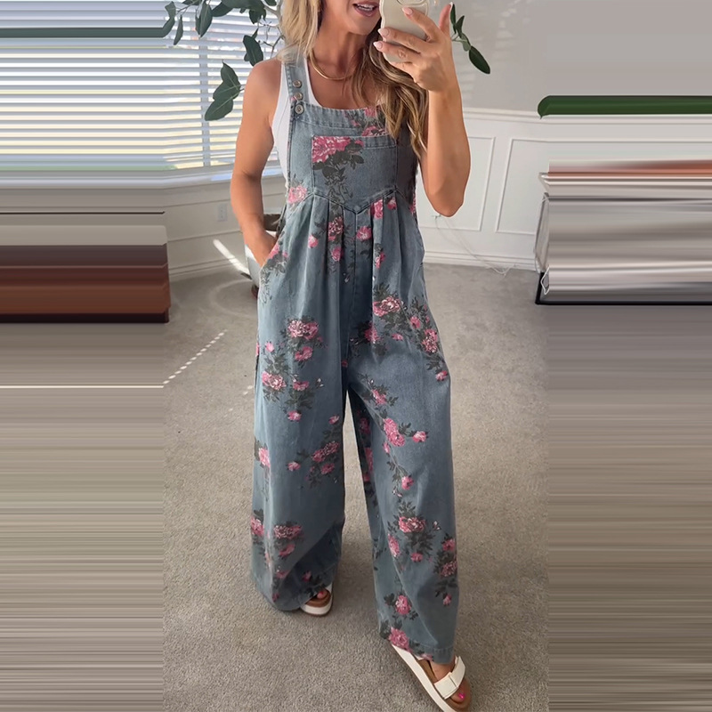 Amazon Cross-border 2025 Summer European and American Foreign Trade New Women's Fashion Printed Wide-leg Strap Jumpsuit for Women