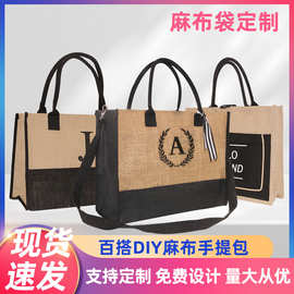 跨境新款防水沙摊包子母黄麻布托特包复古休闲购物字母麻布袋定做