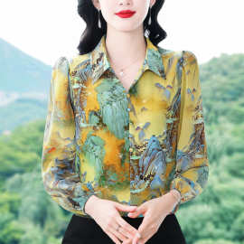 气质优雅时尚碎花烫金衬衫女士秋季新款妈妈宽松显瘦遮肚长袖小衫