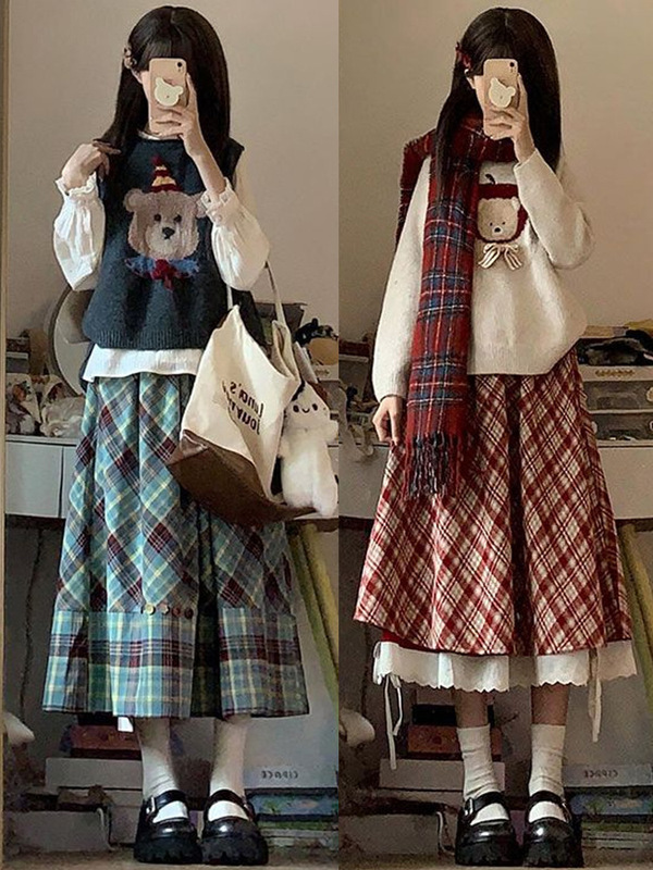 Two-Piece Skirt Set, Late Autumn and Early Winter Christmas Wear, Shirt Layered with Vest, Sweater, Plaid Half Dress, Long Skirt