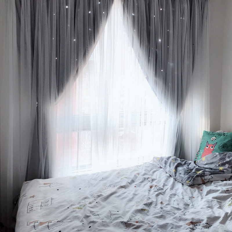 Gradiente estrella hueca de doble capa de cortina de Velcro instalación sin punzones tela de sombreado autoadhesiva entrega transfronteriza de una pieza