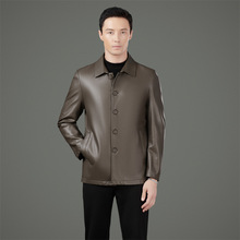 新款海宁时尚皮衣男纽扣款翻领中年爸爸皮上衣秋季休闲绵羊皮外套