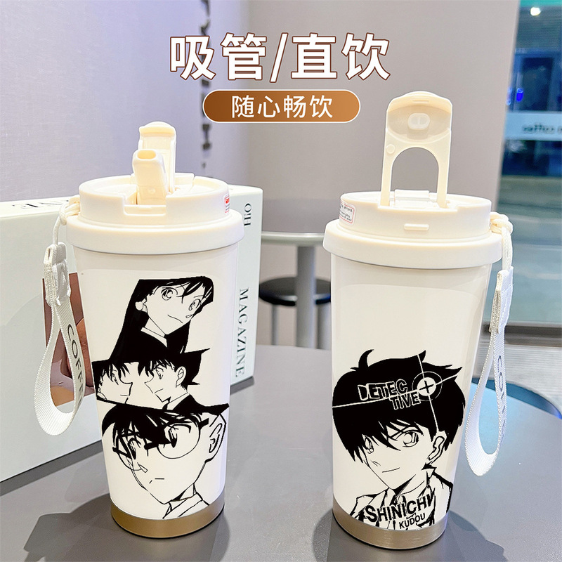 新款名侦探柯南保温吸管水杯大容量高颜值随身杯不锈钢双饮咖啡杯|undefined