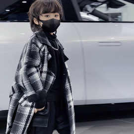 儿童秋冬款男童女童加绒格子大衣宽松洋气宝宝中长款风衣外套潮酷