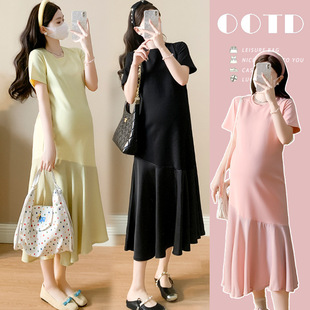 Maternity 2025 Summer New French Sweet Slimming Fishtail Small Black Dress Loose plus size Pregnant Women dress