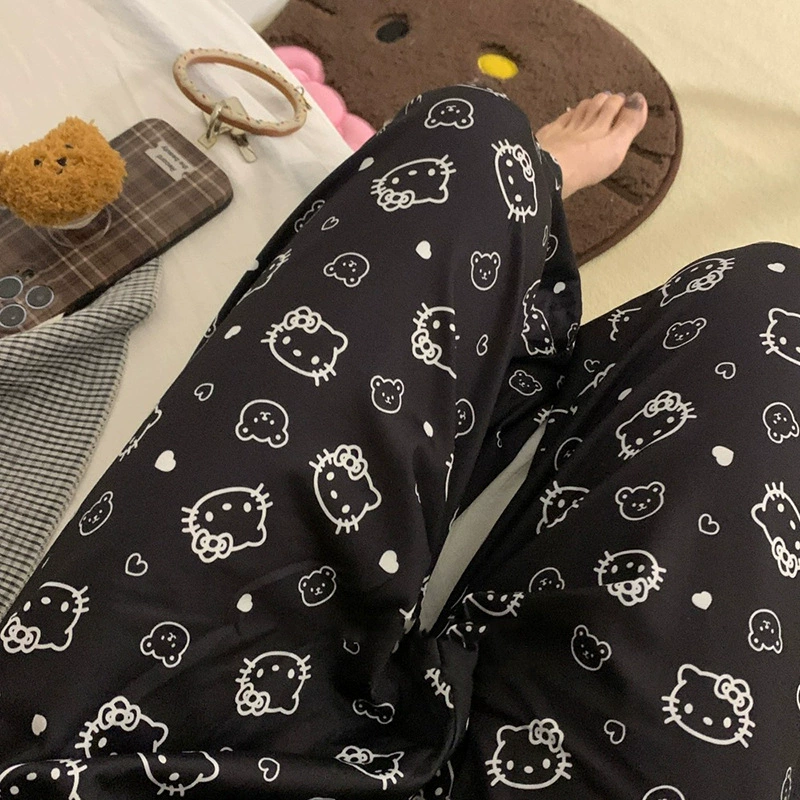Женские прогулочные пижамные штаны Hello Kitty на весну и осень, новинка в японском стиле, повседневные свободные брюки в студенческом стиле, летняя верхняя одежда