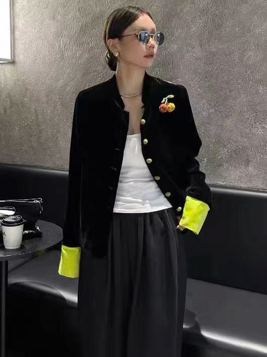 高品质2025早秋新款真丝丝绒南瓜外套撞色袖口新中式国风女装|undefined
