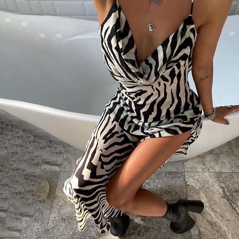 Women's Zebra Print High Slit Dress See-through Tie Waist Sexy Vacation Style Clothing for Fall Fashion 2024_ecoleips.com