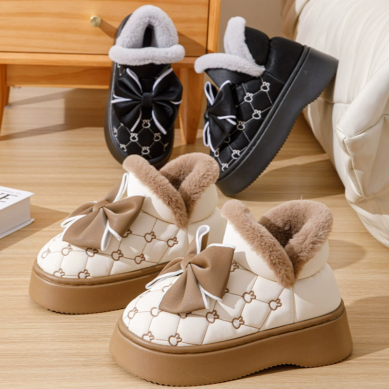 Сумка-бант с хлопковыми тапочками, женские зимние новые домашние теплые зимние сапоги на высоком каблуке с толстой подошвой