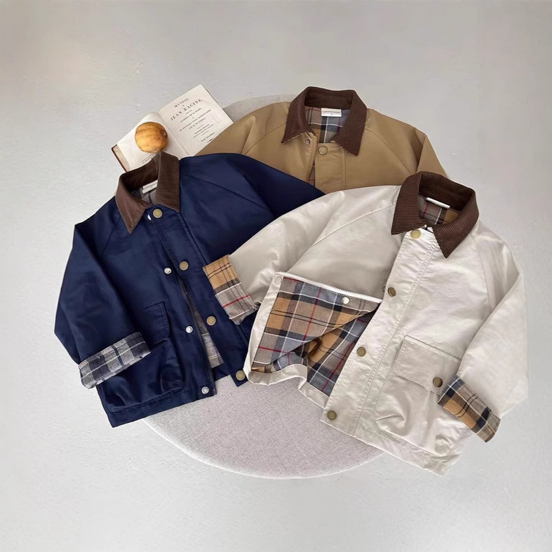 Children's Spring and Autumn Jacket 2026 Spring Boys and Girls Korean and Japanese Trendy Brand Plaid Patchwork Jacket Classic Stylish Windbreaker for Kids